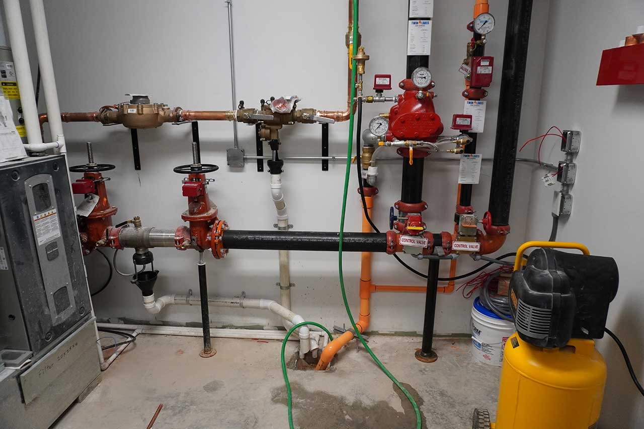 Fire sprinkler backflow, valves, alarms